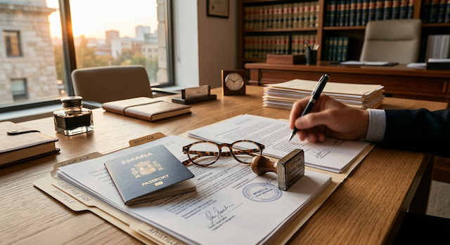 Abogada revisando un expediente de reagrupación familiar con documentos y pasaporte apostillado