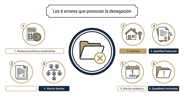 Infografía con los 6 errores que provocan la denegación de la reagrupación familiar en Barcelona